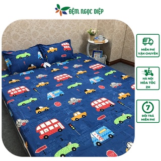 Bộ ga gối poly cotton m2 m6 m8 2m2 mẫu ô tô xanh