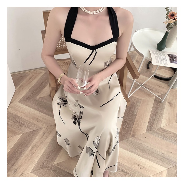 Đầm Cổ Yếm Cột Dây Họa Tiết Hoa Hồng Mực Phong Cách Retro Dành Cho Nữ