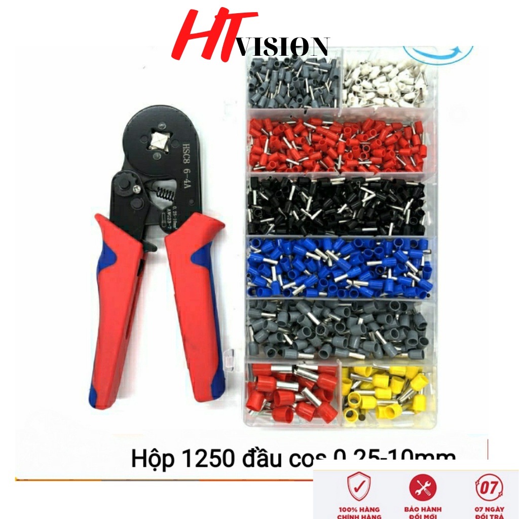 Kìm bấm cos vuông HSC8 6-4A tự điều chỉnh kèm 1250 đầu cos đủ loại cos ống tròn cos pin