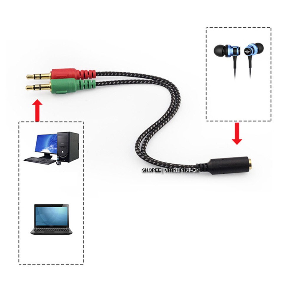 [HCM] Dây 2 đầu Jack loa 3.5 chuyển tai nghe thành loa &amp; mic máy tính / gộp audio và mic 3.5 ra tai nghe 21CM