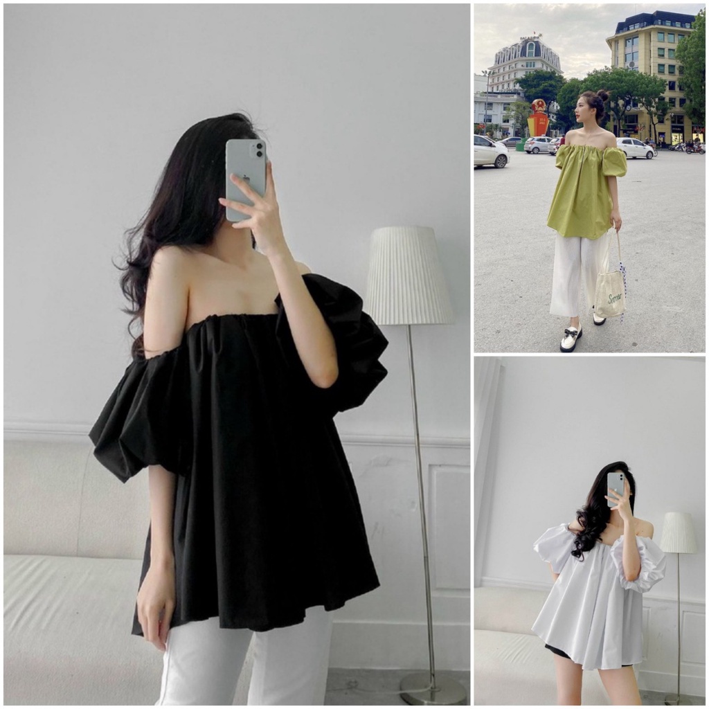 Áo trễ vai tay bồng hở vai nữ dáng xòe rộng dễ thương HOT TREND