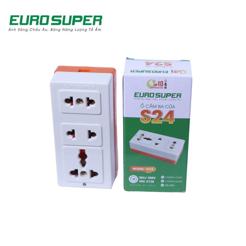 Ổ Cắm Điện Đa Năng EUROSUPER Chống Giật, Siêu Chịu Tải Thiết Kế 3 Cửa S24 Đế Cam C13E