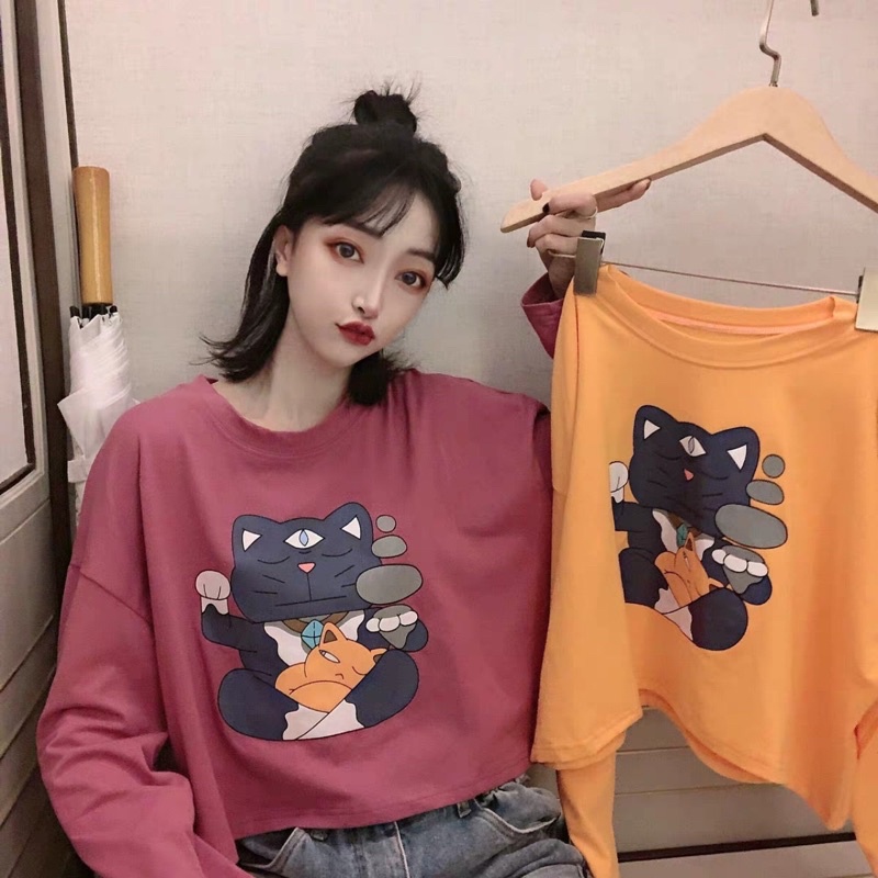 Áo dài tay croptop,áo phông croptop form rộng tay dài chất cotton dày đẹp in hình mèo