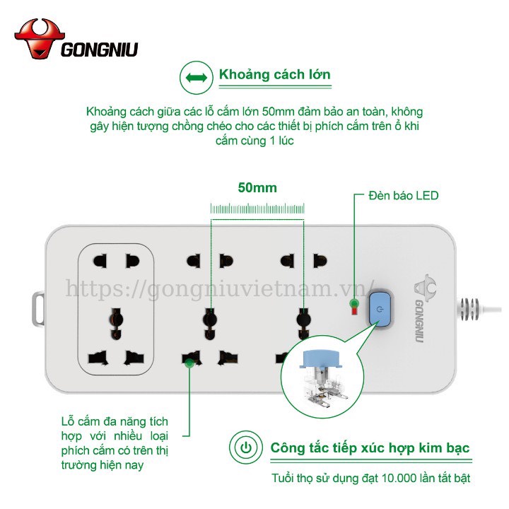 Ổ cắm điện đa năng hãng GongNiu Bull 6 ổ 1 công tắc đa năng 3 chấu Công suất 2500W 10A Dây nối dài 3 Mét - N1303