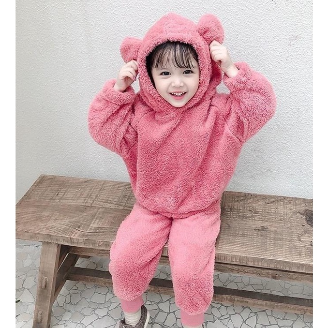 Bộ lông cừu cho bé trai, bé gái, set áo hoodie tai gấu và quần dài bo gấu, lông cừu, đẹp và ấm cho bé từ 8 đến 18 kg