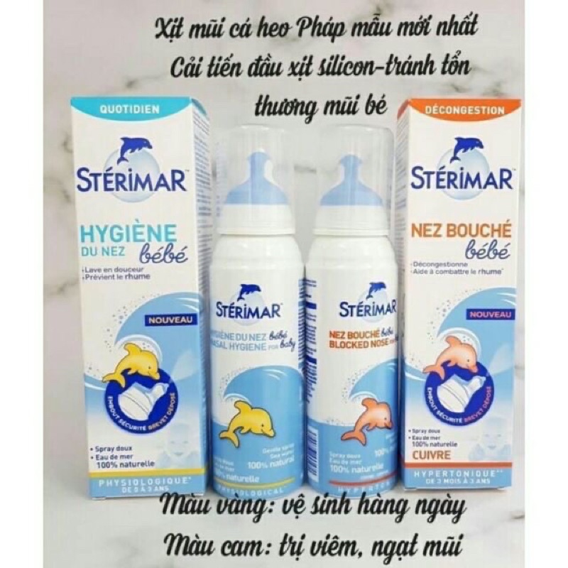 Xịt muối mũi cá heo vàng và cam Sterimar, Pháp (100ml) giúp vệ sinh và giảm vie^m mũi cho trẻ 0 - 3 tuổi