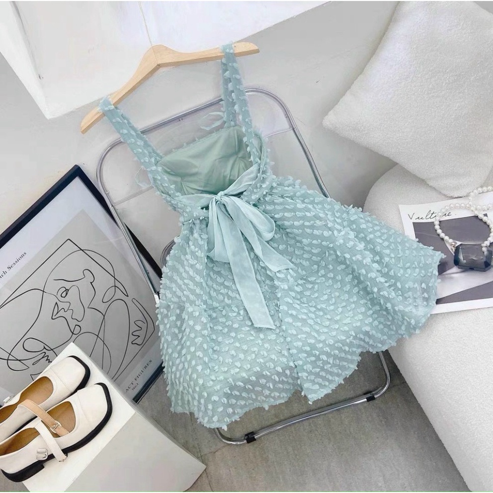 Váy yếm hai dây hở lưng- Váy hai dây tiểu thư hở lưng thắt nơ đi biển, đi chơi_146 nội y xanh thiết kế thoáng mát