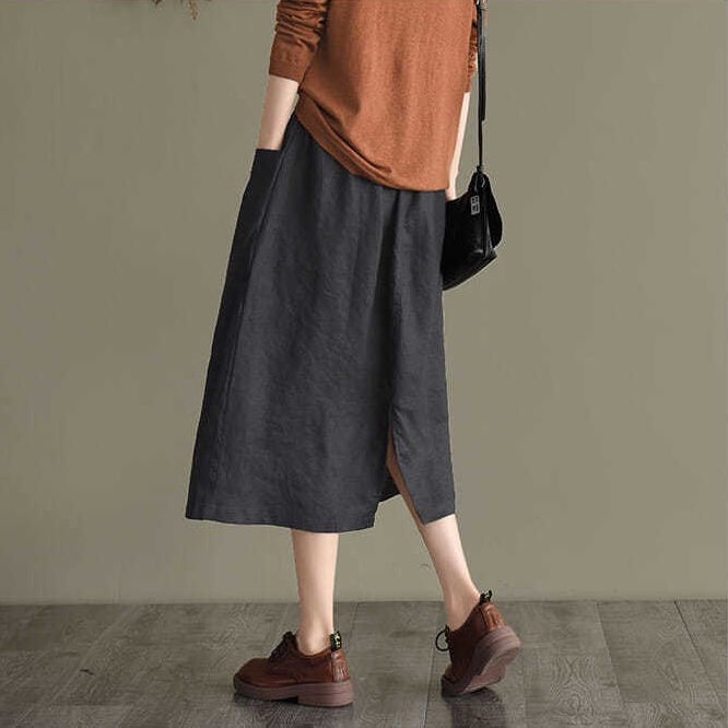 Chân Váy Chữ a Vải Cotton Lanh Dáng Rộng Màu Trơn Phối Hai Hàng Nút Thời Trang Cho Nữ