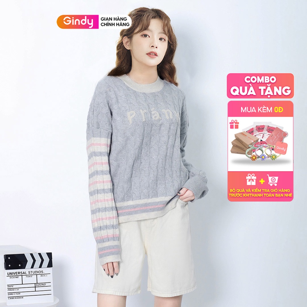 Áo len nữ cổ tròn phối tay kẻ ngang vải dày dặn GINDY thời trang ulzzang hàn quốc thời trang thu đông có 4 màu AMN001