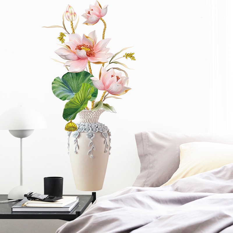 Tranh dán tường 3D Bình gốm hoa sen tuyệt đẹp KT 65x106cm, Decal trang trí phòng