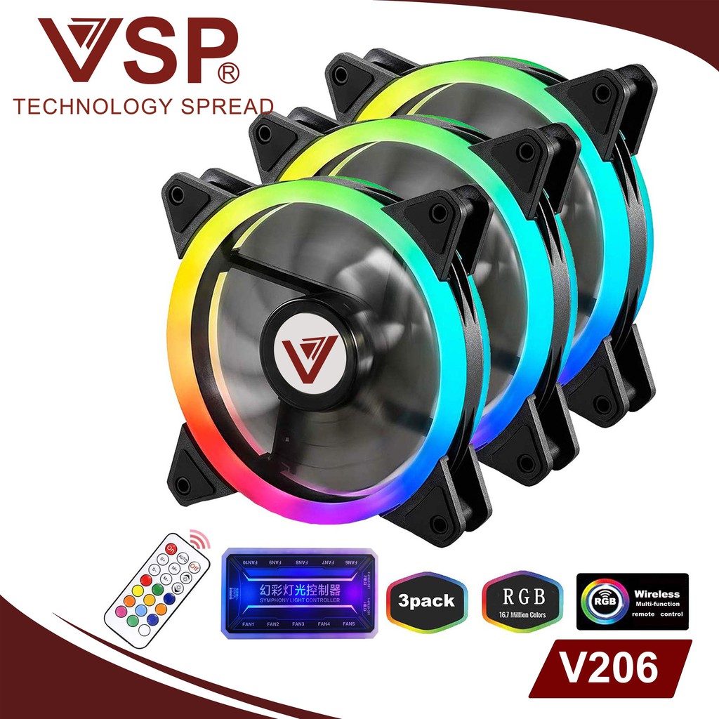 Bộ 3 Fan VSP V206 Led RGB kèm hub và remote Cho Case kính cường lực