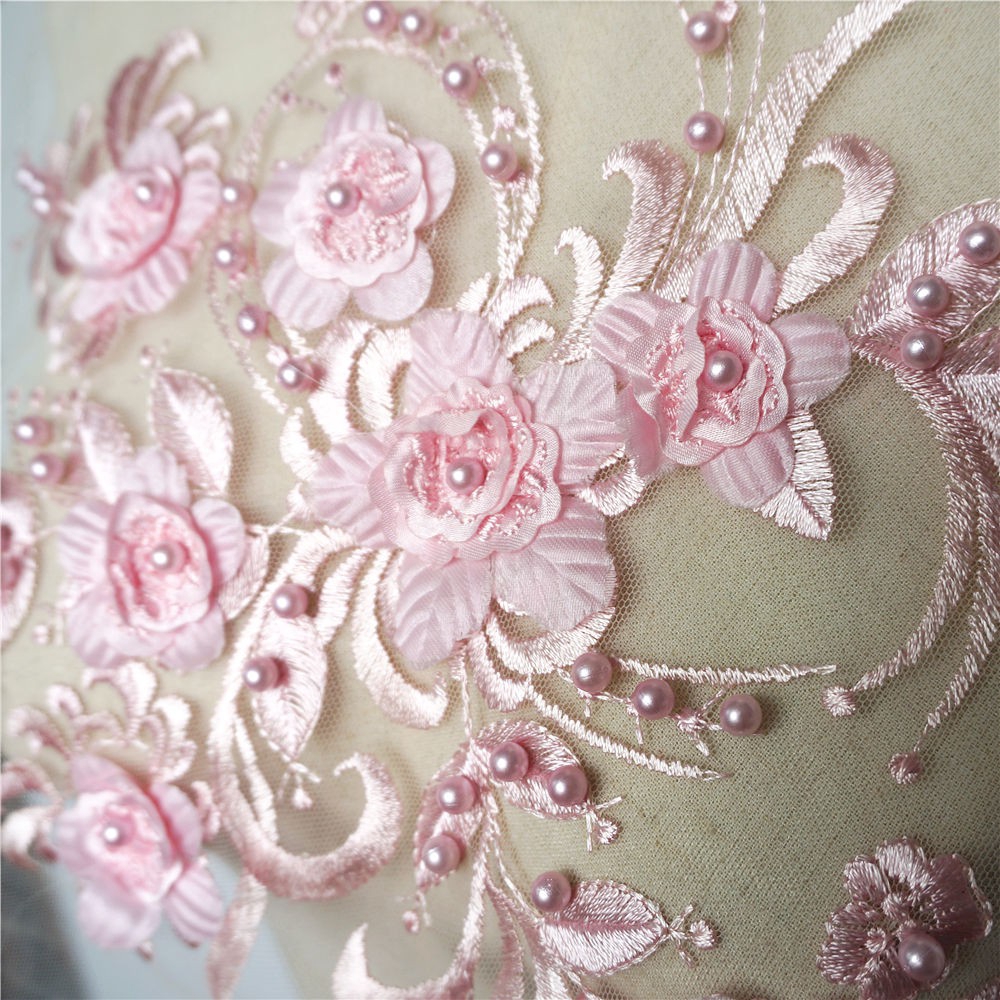 Vải Ren Màu Hồng Thêu Hoa Đính Ngọc Trai Dùng May Váy Cưới diy