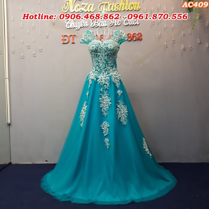 áo cưới màu xanh cổ chữ V