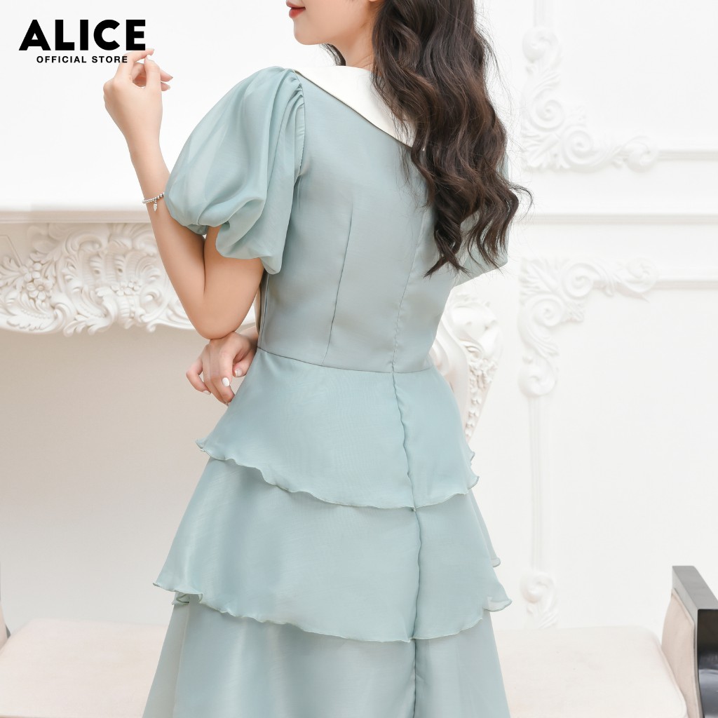 Đầm Thiết Kế Dự Tiệc ALICE Dáng Xòe Xếp Tầng Tay Bồng Nơ Ngực Sang Trọng Cho Nữ Dự Tiệc V697