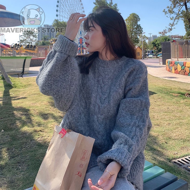 Áo sweater Dệt Kim Dày Dáng Rộng Màu Trắng Phong Cách Hàn Quốc Thanh Lịch Mùa Đông