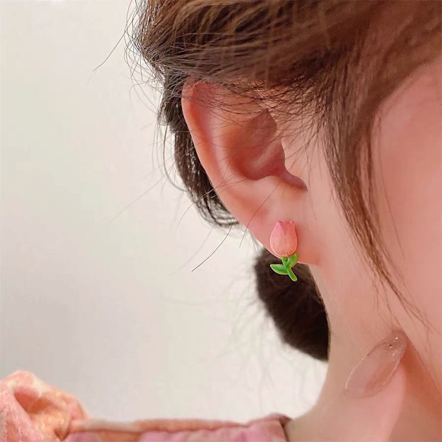 Khuyên Tai Hình Hoa Tulip Hồng Phong Cách Hàn Quốc Kiểu Dáng Mới Cho Nữ