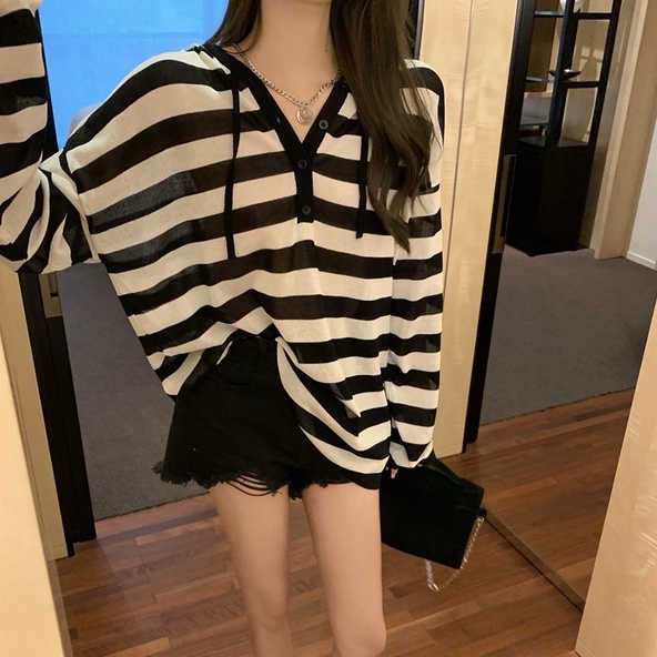 Áo hoodie ZHELIHANGFEI chống nắng dáng rộng họa tiết kẻ sọc dễ phối đồ cho nữ