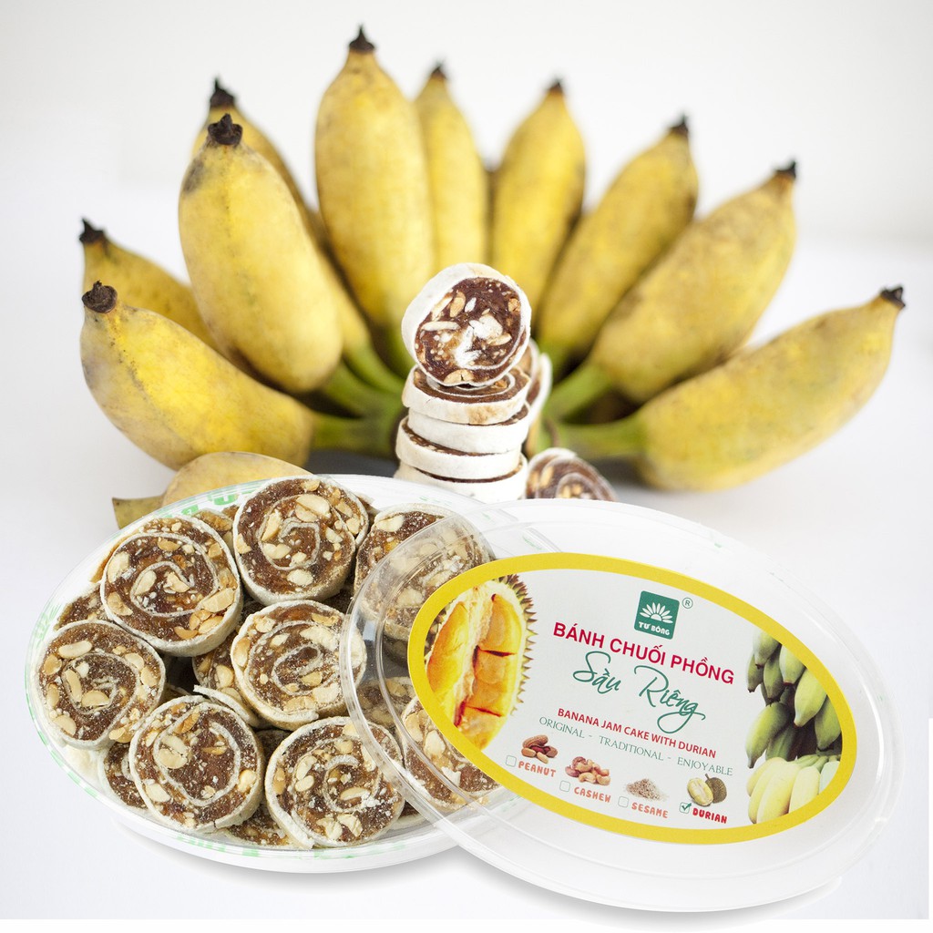Bánh chuối phồng sầu riêng TƯ BÔNG hộp 200g - món ăn vặt siêu béo siêu thơm và ít ngọt từ Đồng Tháp