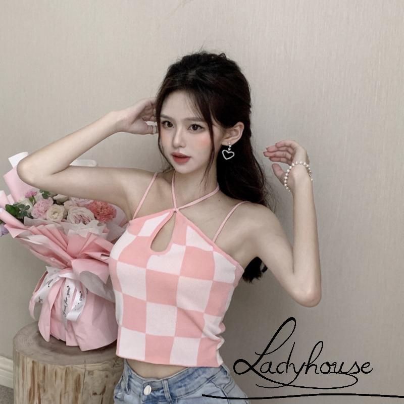 Áo Croptop Hai Dây Họa Tiết Caro Gợi Cảm Cho Nữ