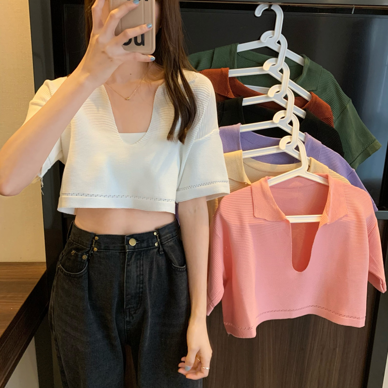 Áo Croptop Nữ Tay Ngắn Cổ Chữ V Phong Cách Hàn Quốc