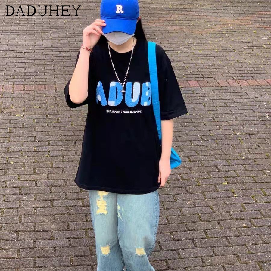 Áo thun DADUHEY tay ngắn in họa tiết chữ cái 3D phong cách Nhật Bản 2022 thời trang mùa hè ngọt ngào mới cho cặp đôi