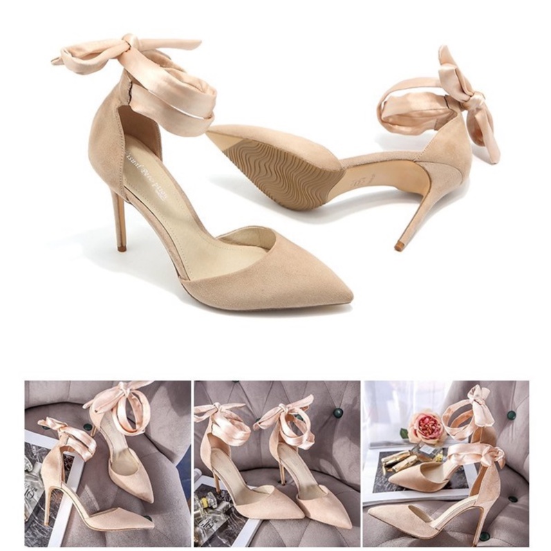 Giày cao gót 7P chất liệu da lộn đính nơ siêu tiểu thư phong cách HQ mã BBC49