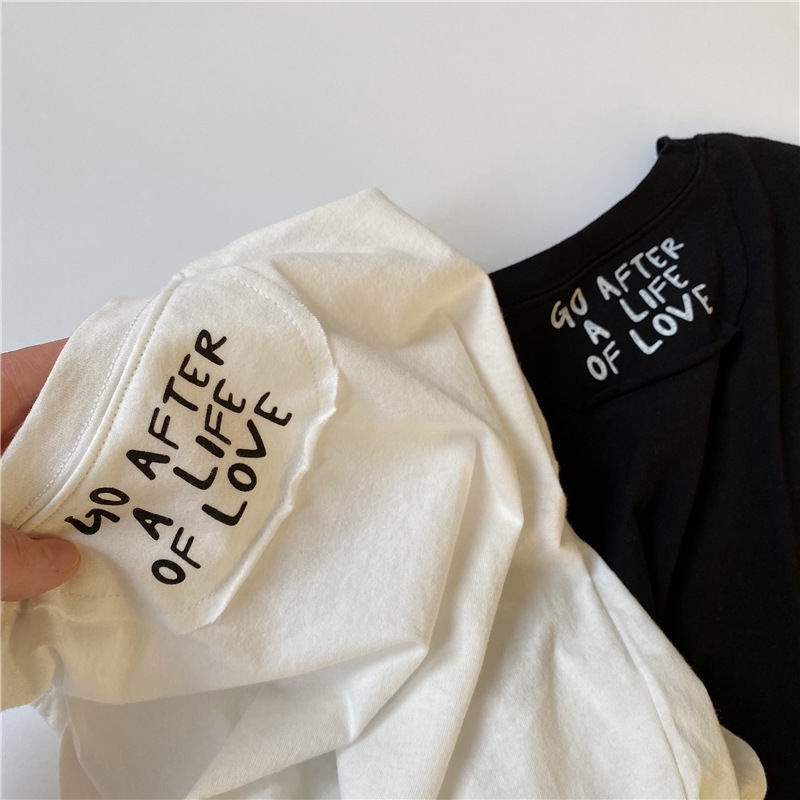 Hàng Có Sẵn Áo Thun Cotton Màu Đen/Trắng In Chữ Phong Cách Nhật Hàn Nhật Bản Thời Trang Cho Nam Và Nữ Trẻ Em