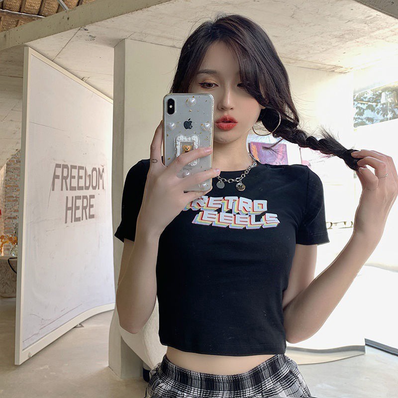 Áo thun ZHELIHANGFEI ngắn tay dáng ôm in họa tiết cá tính quyến rũ