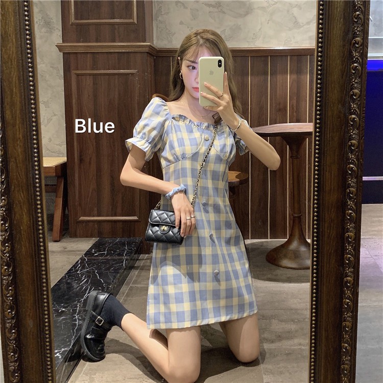 Đầm Tay Ngắn Họa Tiết Sọc Caro Phong Cách Retro Pháp | BigBuy360 - bigbuy360.vn
