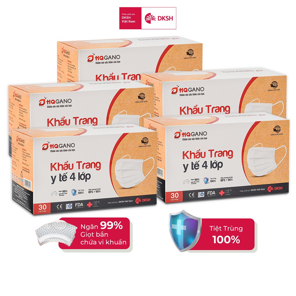 Combo 5 Hộp khẩu trang y tế quai thun 4 lớp HQGANO kháng khuẩn, đạt chuẩn xuất khẩu, không mùi, chất liệu cực mềm mại