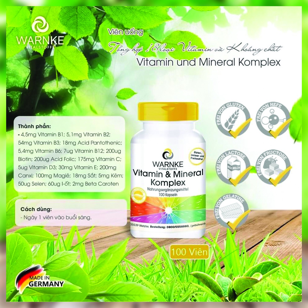 [Hỏa Tốc] Viên Uống Tổng Hợp 18 Loại Vitamin và Khoáng Warnke Vitamin and Mineral Komplex, 100 Viên