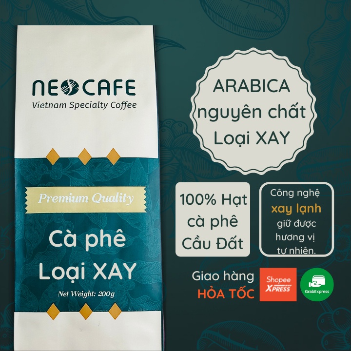 Cà phê Arabica NEOCAFE cafe nguyên chất, cà phê rang xay gói 200 gr, rang mộc 100% thanh chua ngọt hậu pha phin pha máy