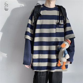 Áo Thun Tay Dài Form Rộng Họa Tiết Kẻ Sọc Unisex