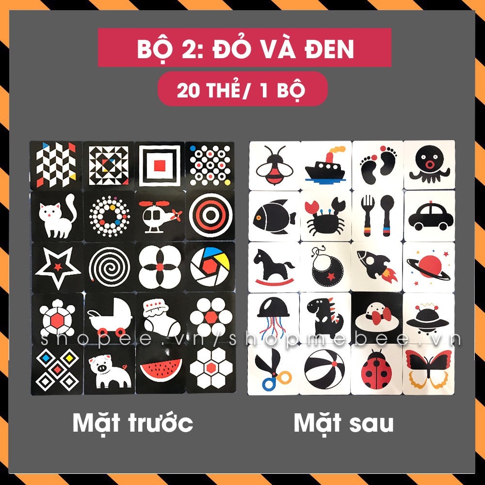 Bộ 20 thẻ kích thích thị giác, cho bé từ 0 tới 36 tháng | Khổ 21x21cm | In 2 mặt cán chống thấm nước