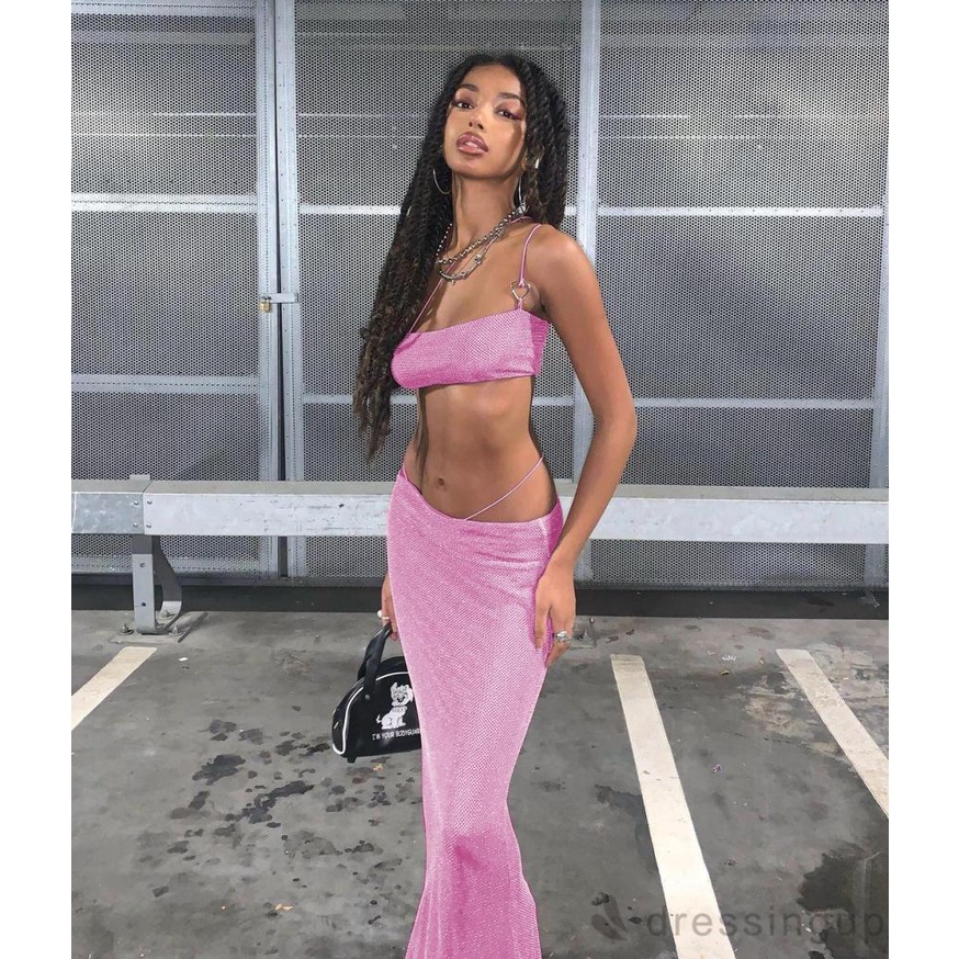 Bộ Áo Ống Không Tay Màu Trơn + Chân Váy Dài Co Giãn Dễ Phối Đồ Cho Nữ