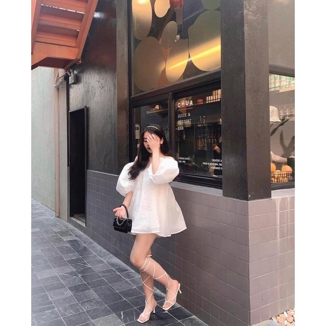 Áo váy trễ vai - Áo babydoll tay bồng phối ren lưới