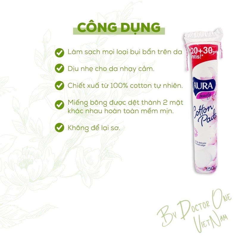 Bông Tẩy Trang AURA BEAUTY NGA, Bông Tẩy Trang Châu Âu, Tẩy Trang 100% Cotton Tự Nhiên 150 Miếng