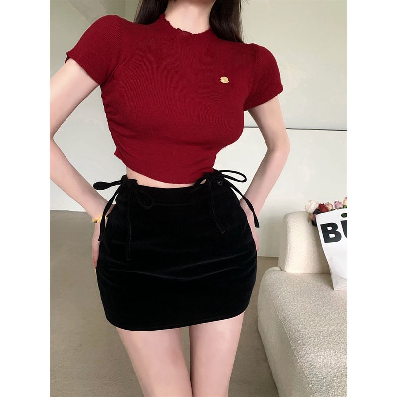 Cocory vn Áo Croptop Dệt Kim Tay Ngắn Thiết Kế Quyến Rũ 3 Màu Lựa Chọn