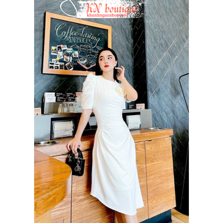 Váy trắng dự tiệc đầm xanh nhún eo tà xéo sang chảnh quyến rũ K N Boutique