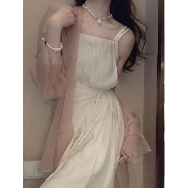 Bộ Áo Khoác Cardigan + Đầm Hai Dây Ôm Eo Thời Trang Mùa Hè Dành Cho Nữ 2022