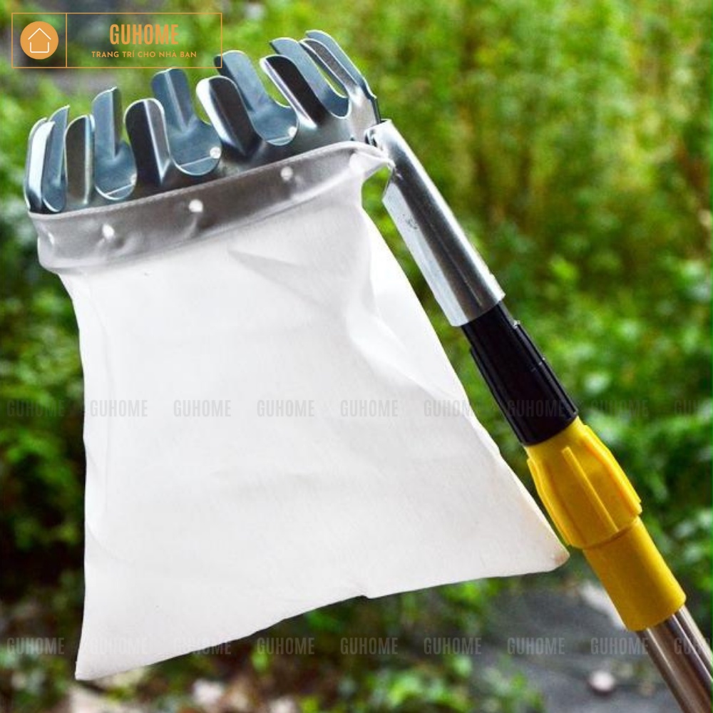 Vợt hái trái cây trên cao đa năng kèm túi vải, dụng cụ hái hoa quả kim loại siêu bền đẹp
