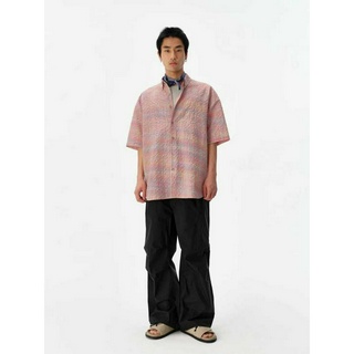 Mùa Hè 2024 Phong Cách Mới Kẻ Sọc Puff Cross Thiết Kế Độc Đáo Áo Sơ Mi Rời Tay Ngắn Cặp Đôi Hàng Đầu Hợp Thời Trang