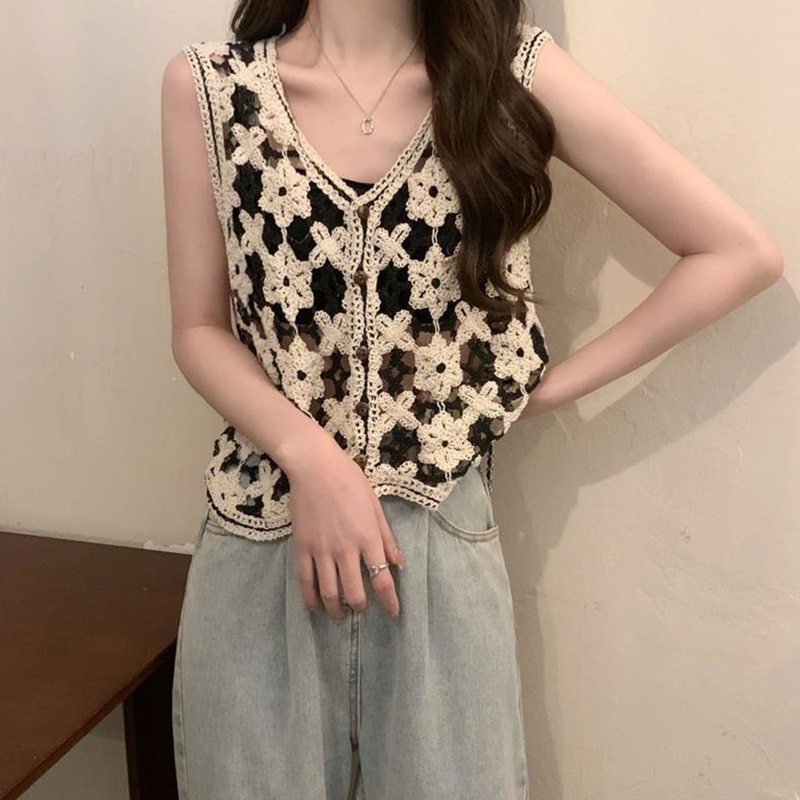 Áo Cardigan Lửng Không Tay Cài Nút Họa Tiết Hoa Cho Nữ