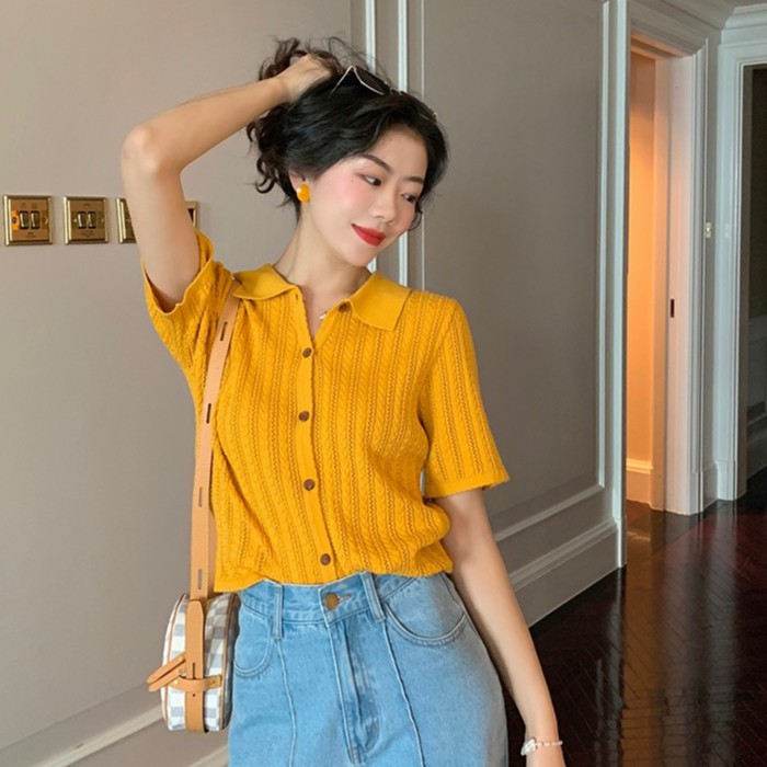 Áo thun cổ polo Xiaozhainv tay ngắn dáng rộng thời trang phong cách vintage