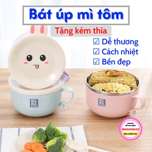 [SIÊU CUTE] Bát ăn mì  Tô mì lõi inox 2 lớp có nắp kèm thìa chống nóng cách nhiệt cao cấp nắp hình thú tiện lợi giá rẻ