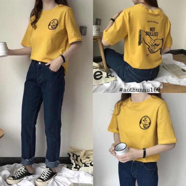 Follow Shop Săn Deal Hot Ngày 11/11 Áo Thun Nữ Tay Lỡ Unisex Màu Vàng In Chữ NOT BULLIES *