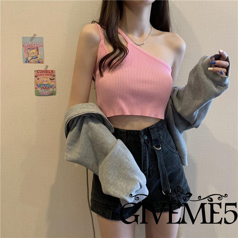 Áo croptop không tay màu trơn lệch 1 vai bất cân xứng cho nữ