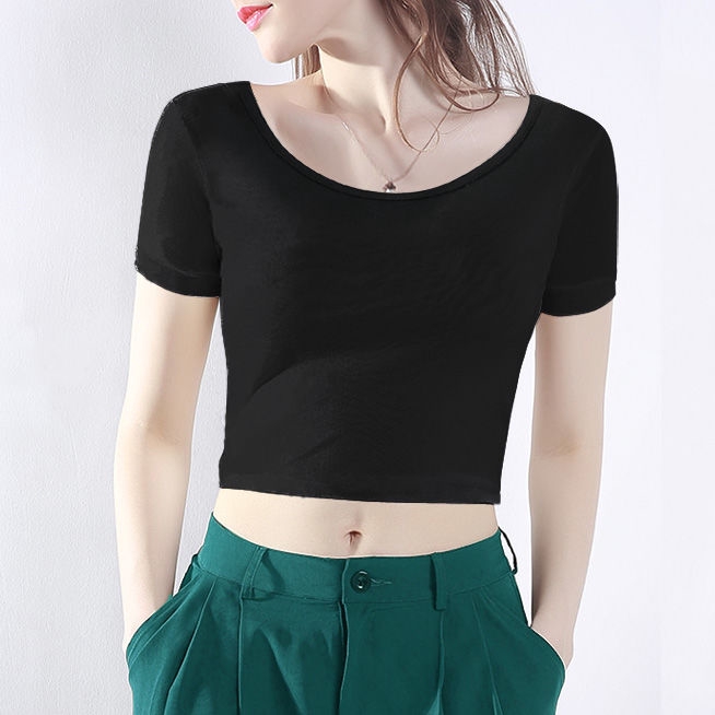 Áo Thun Croptop Tay Ngắn Màu Đen Thời Trang Mùa Hè Cho Nữ