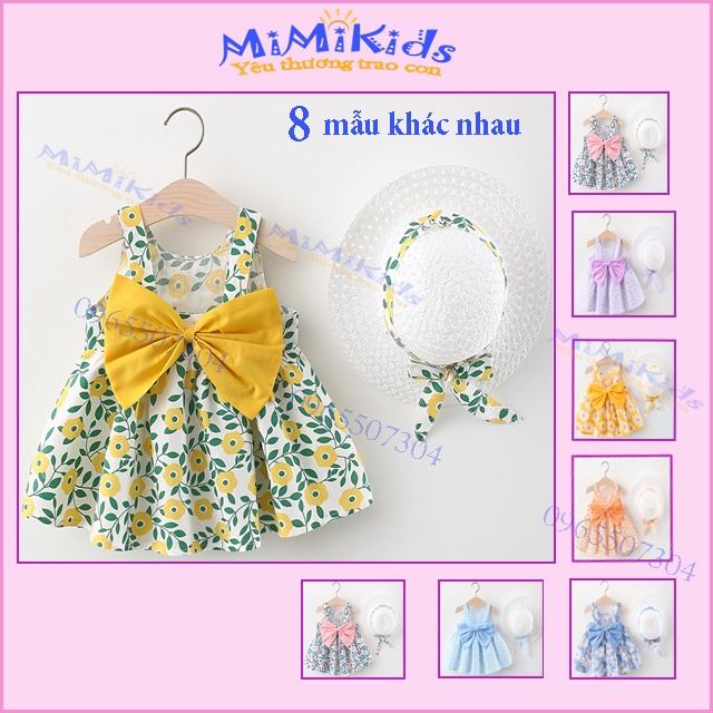 Váy 2 quai/Váy đi biển bé gái 1- 4 tuổi gắn nơ xinh kèm mũ, chất cotton thô cc thoáng mát