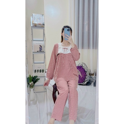 Bộ ngủ mặc nhà nữ cho bầu và sau sinh chất đũi hoạ tiết kẻ ô viền ren